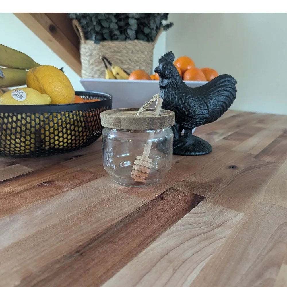 Glass Honey Jar with Wooden Lid and Dipper Farmhouse Kitchen‎ Storage